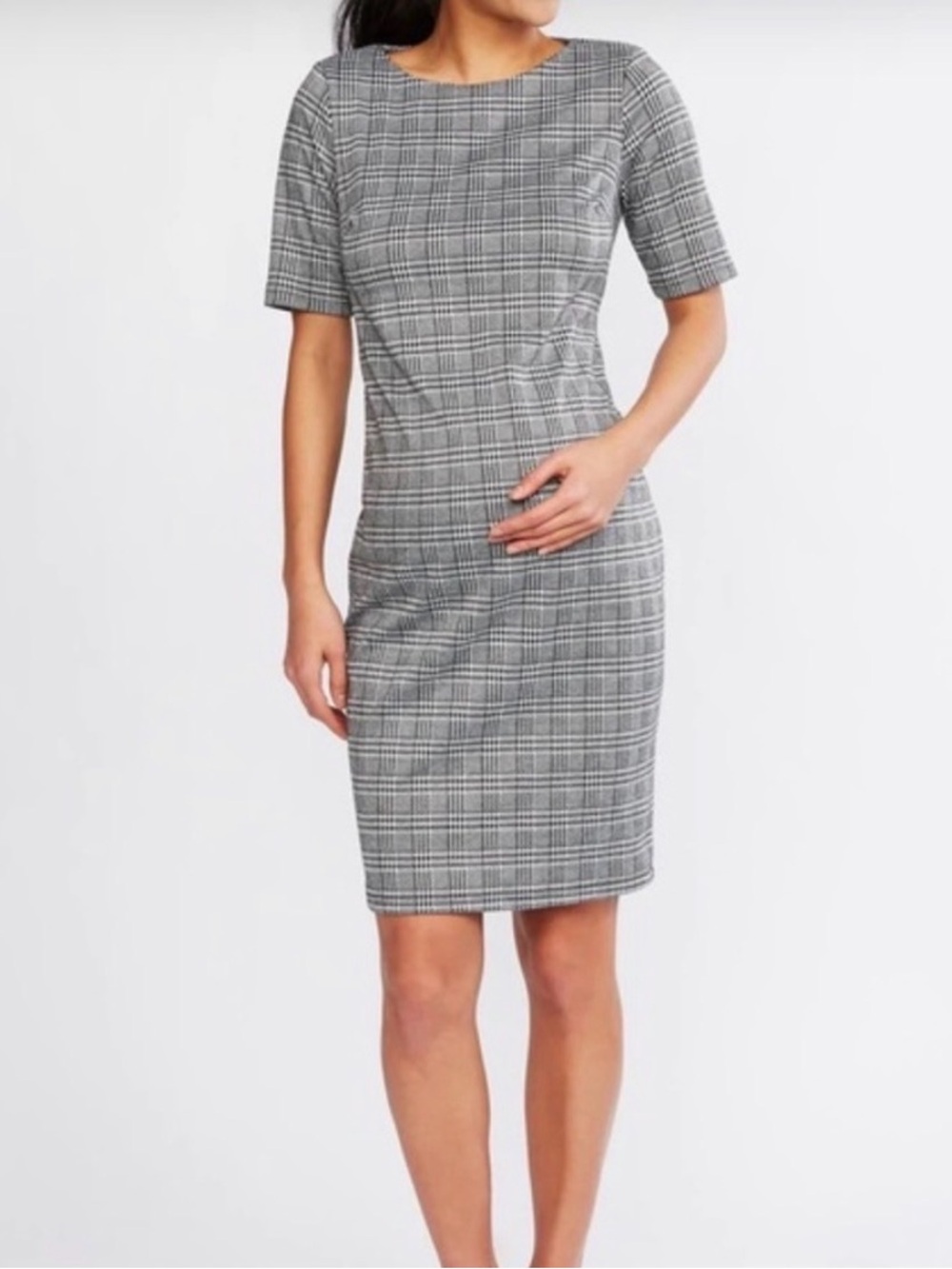 Ralph Lauren Sheath Dress L Houndstooth Glen Plaid Short Puff Sleeves Ponte Knit